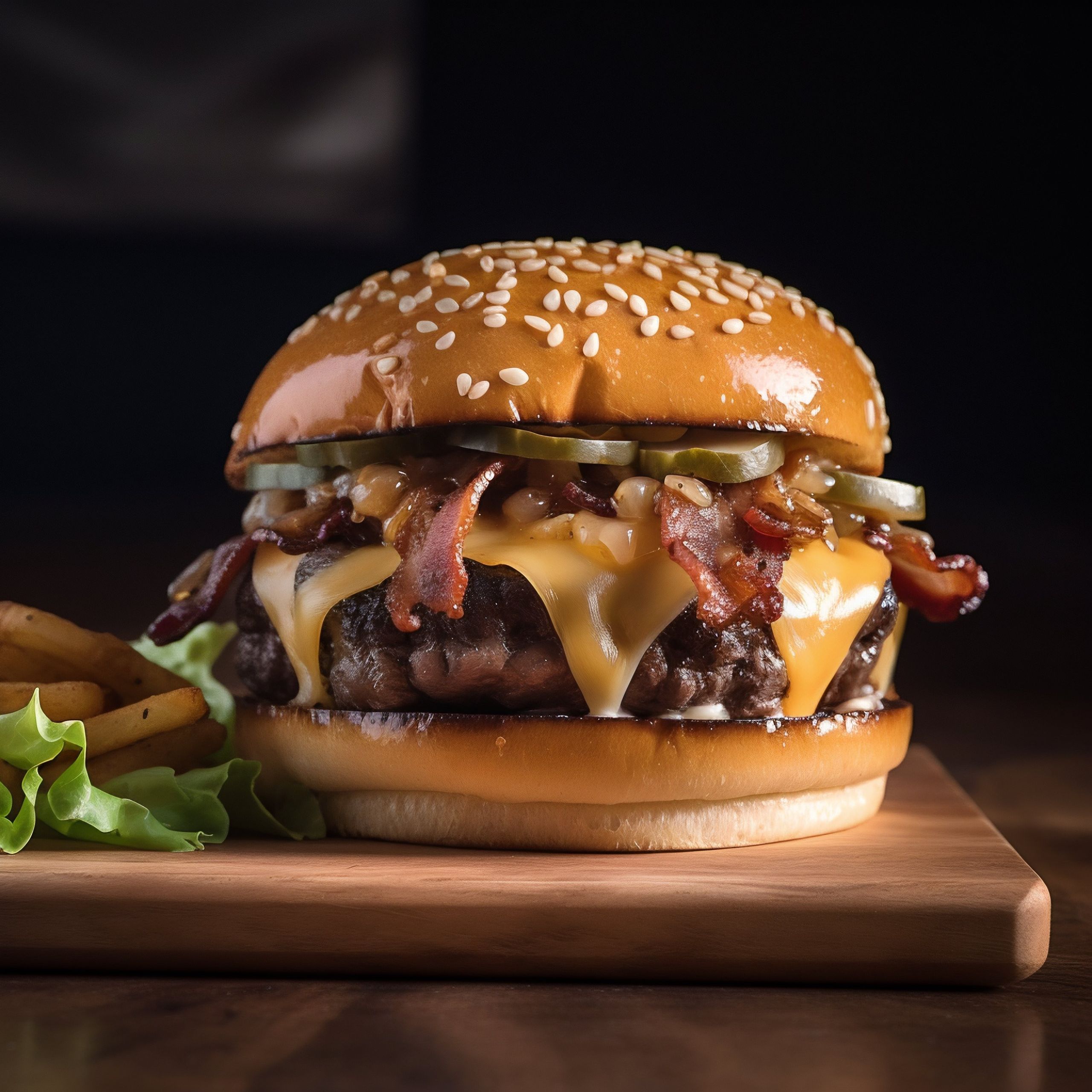Juicy double cheeseburger stacked with melted American cheese, crispy bacon, and fresh lettuce on a toasted sesame bun